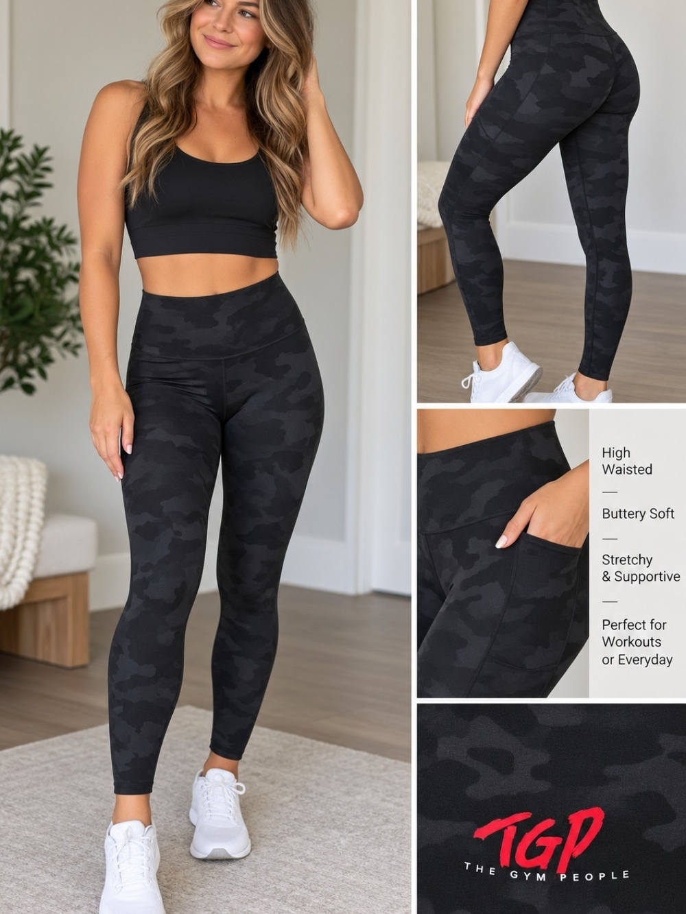 The Gym People High-Waist Black Camo Leggings